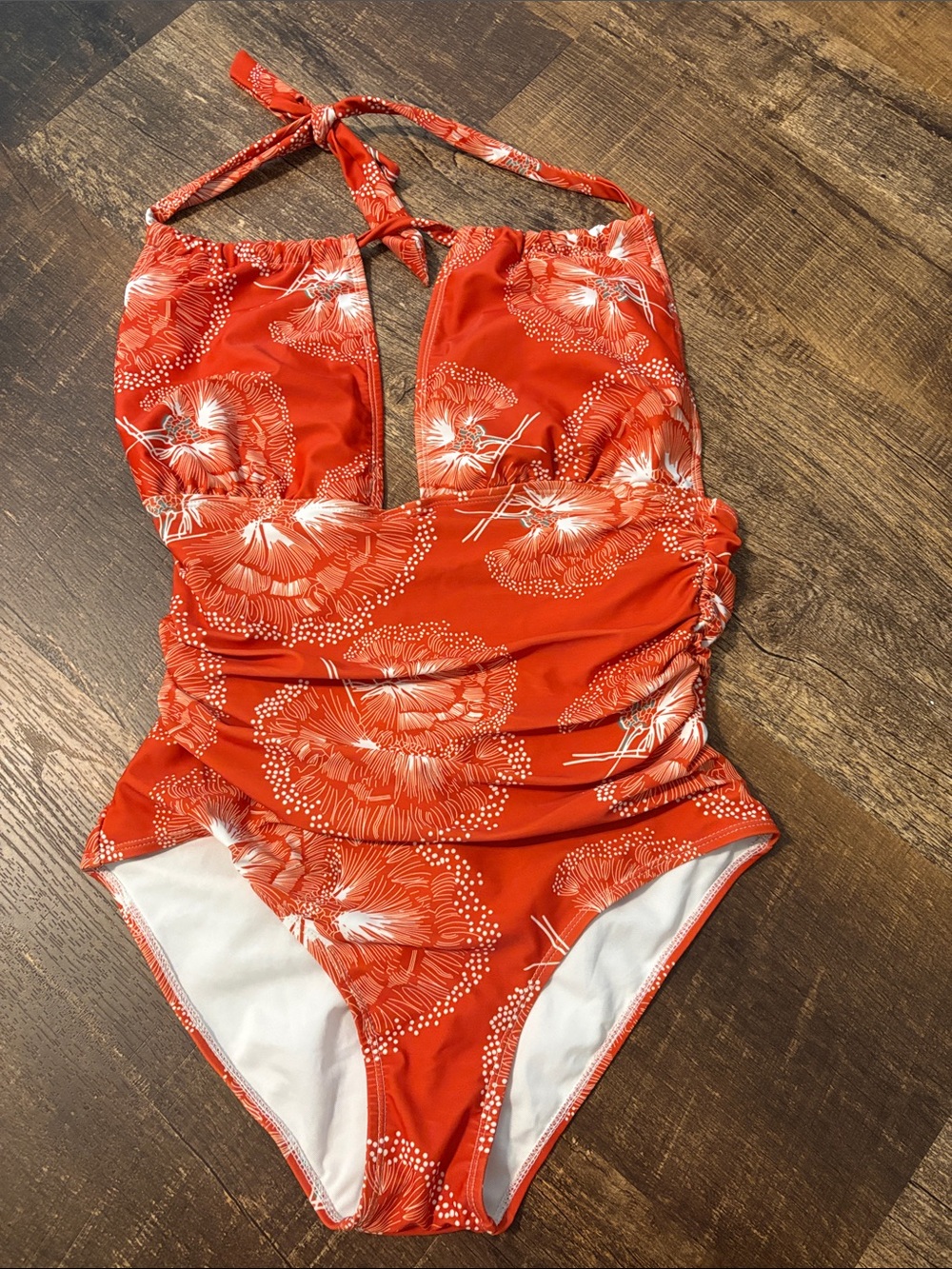 Orange Floral Halter One-Piece Swimsuit with Ruched Waist